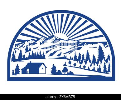 Retro style illustration of a remote alpine village or hamlet with valleys and mountain range and sunburst in background set inside half circle on iso Stock Vector