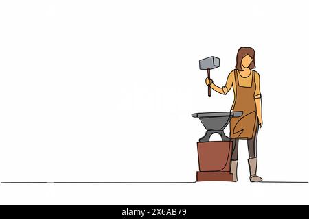 Continuous one line drawing female blacksmith wearing apron standing and holding hammer in front of the anvil. Metal worker making craft art productio Stock Vector