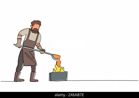 Single continuous line drawing blacksmith casting mold metal wearing protective uniform. Anvil worker male producing steel craft in metalwork workshop Stock Vector