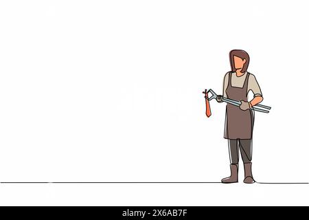 Continuous one line drawing female blacksmith wearing apron standing holding hot blade forged with pliers and tongs. Medieval blacksmith making swords Stock Vector