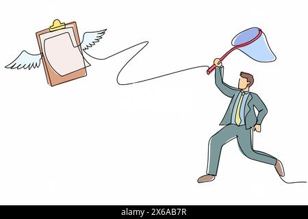 Single continuous line drawing businessman try to catching flying clipboard with butterfly net. Approval checklist application paper sheets document. Stock Vector