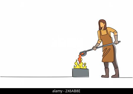Single one line drawing female blacksmith wearing gloves and apron with melting casting and welding metallurgy process. Steel craft metalwork. Continu Stock Vector