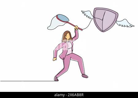 Single one line drawing businesswoman try to catch flying shield with butterfly net. Expensive health insurance costs. Unaffordable healthcare service Stock Vector