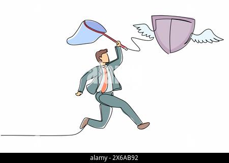 Single one line drawing active businessman try to catching flying shield with butterfly net. Expensive security and protection insurance. Modern conti Stock Vector