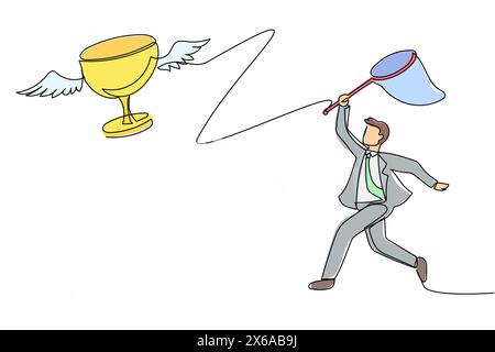 Continuous one line drawing businessman try to catching flying trophy with butterfly net. Sport game icon, logo, badge. Victory trophies and awards. S Stock Vector