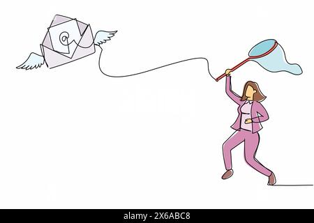 Single continuous line drawing businesswoman try to catching flying mail with butterfly net. Unread letter. Lost job due to missing mailing envelopes. Stock Vector