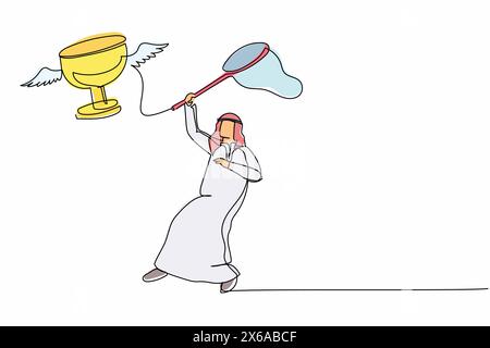 Continuous one line drawing Arab businessman try to catching flying trophy with butterfly net. Failed to win a business project. Business metaphor. Si Stock Vector