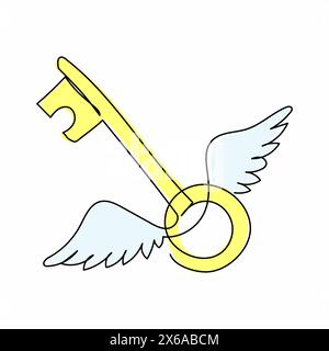 Single one line drawing flying key with wings. Mystery, clue and magic symbol. Unlock, hint, tint and secret concept. Catch luck or help. Modern conti Stock Vector