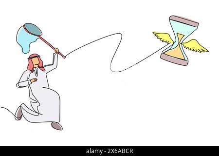 Single continuous line drawing Arab businessman try to catching flying hourglass with butterfly net. Failed to complete project objectives. Business m Stock Vector
