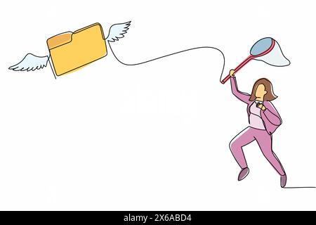 Single continuous line drawing businesswoman try to catching flying folder with butterfly net. Leakage of documents and storage data. Missing archive Stock Vector