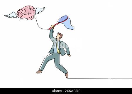 Single continuous line drawing businessman try to catching flying brain with butterfly net. Genius idea for brain medical health. Philosophy metaphor. Stock Vector