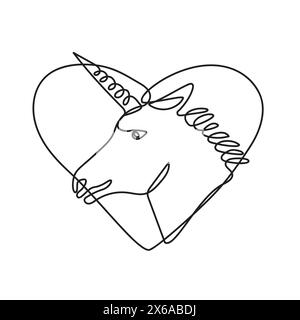 Continuous line drawing illustration of head of unicorn viewed from side set inside heart shape done in mono line or doodle style in black and white o Stock Vector