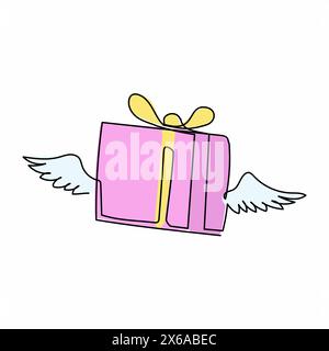 Single one line drawing flying gift box with wings. Winged surprise box with red bow and ribbon. Flying present. Delivery package icon. Modern continu Stock Vector