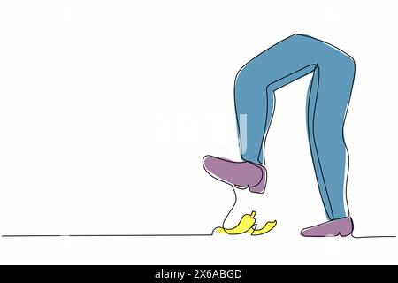 Continuous one line drawing young businessman leg step on business banana peel. Imminent danger, banana peel underfoot. Business risk. Minimal metapho Stock Vector