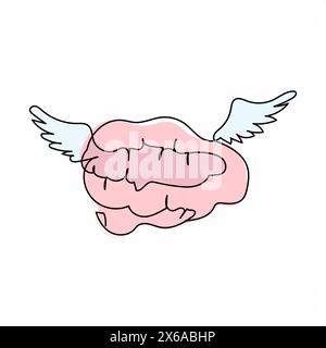 Single continuous line drawing flying brain with wings logo design template. Free mind logo. Creative vintage tee shirt apparel print poster. Dynamic Stock Vector