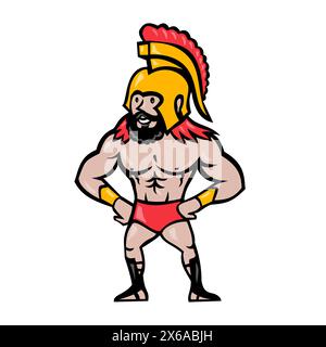 Cartoon style illustration of a Spartan warrior wearing helmet with red hair and beard with hands on hips arms akimbo viewed from front on isolated ba Stock Vector