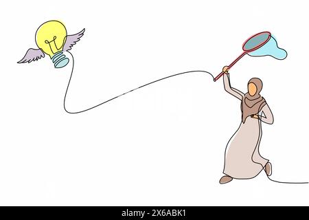 Single continuous line drawing Arab businesswoman try to catching flying light bulb with butterfly net. Losing brilliant idea for business improvement Stock Vector