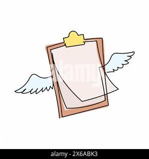 Single continuous line drawing flying clipboard with wings. Filling control list on notepad. Concept of survey, quiz, to-do list or agreement. Modern Stock Vector