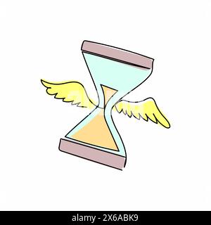 Single one line drawing flying hourglass with wings. Flying sand clock hourglass and time logo symbol. Winged sand glass deadline metaphor. Modern con Stock Vector