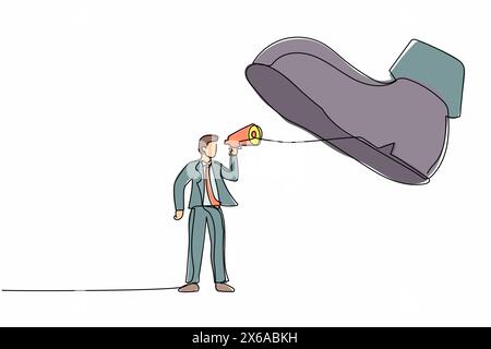 Single one line drawing businessman speaking with megaphone under giant shoe. Boot of army soldier stepping on businessperson. Minimalism metaphor. Co Stock Vector