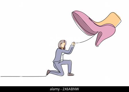 Single continuous line drawing businesswoman kneel down under giant feet. Concept for authority, exploitation, dictator figure. Minimalist metaphor. O Stock Vector