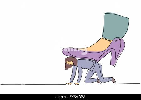 Single continuous line drawing businesswoman crawling under giant foot trample. Female employee oppressed by the boss with under big shoe. Minimalist Stock Vector