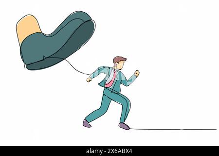 Single continuous line drawing businessman run away from stomping foot. Male employee oppressed by the boss with under big shoe. Minimalist metaphor. Stock Vector