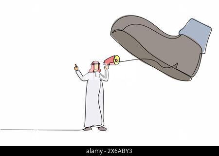 Single continuous line drawing active Arab businessman speaking with megaphone under giant shoe. Boot stepping on businessperson. Minimalism metaphor. Stock Vector