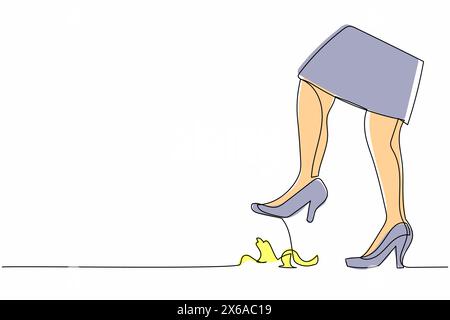 Continuous one line drawing young businesswoman leg step on banana peel. Imminent danger, banana peel underfoot high heels. Minimalist metaphor. Singl Stock Vector