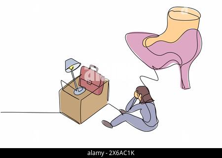 Single one line drawing young businesswoman sitting on floor near office supplies under big foot stomp. Unemployment, jobless, job reduction metaphor. Stock Vector