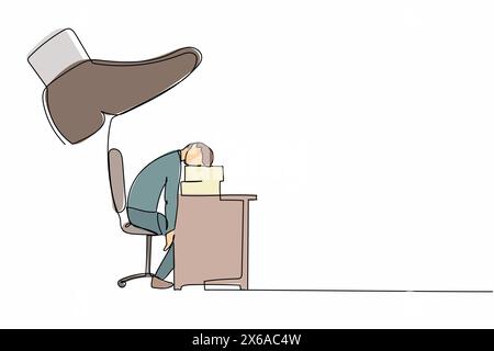 Continuous one line drawing stressed businessman sleeping on pile of papers under big foot stomp. Tired exhausted deadline overloaded office clerk. Si Stock Vector