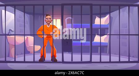 Male prisoner in orange uniform standing behind bars in prison. Cartoon vector illustration of jail interior with man criminal character arrested. guilty person in jail house of police department. Stock Vector