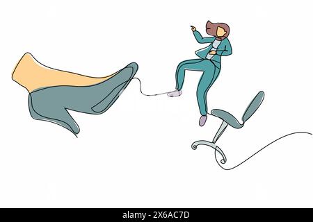 Continuous one line drawing unlucky small businesswoman kicked out by big foot from chair. Staff reduction, fired manager. Minimalist metaphor concept Stock Vector