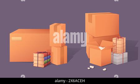 Cardboard box with stuff for house or office move concept. Cartoon vector illustration set of stacks of brown carton packages with books and documents. New house and moving paper packs with belongings Stock Vector