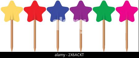 Five vibrant star-shaped push pins in a row Stock Vector