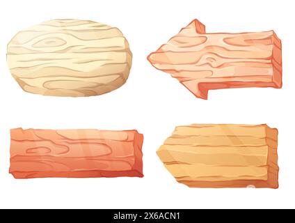 Wood sign board cartoon vector. Old wooden banner frame with timber texture. Game signboard piece isolated graphic for menu ui set. Oval label for farm or saloon png icon. Western blank badge Stock Vector