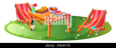 Cute outdoor picnic setup with food on table and two lounge chairs on green grass with daisy flowers. Cartoon vector spring or summer outside dinning with sandwich and vegetables, fruits and cocktail. Stock Vector