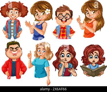 Eight expressive cartoon characters in various poses Stock Vector