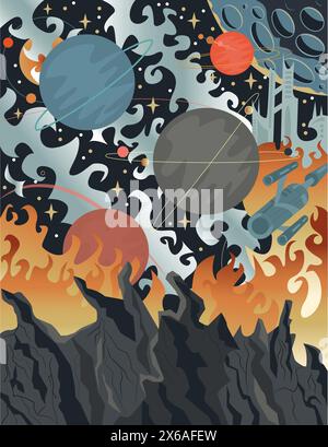 Colorful Retro Sci Fi illustration with space landscape, alien planets and extraterrestrial surfaces, coloring page and cartoon game concept backgroun Stock Vector