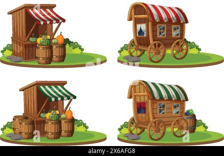 Vector illustrations of market stalls and wagons Stock Vector