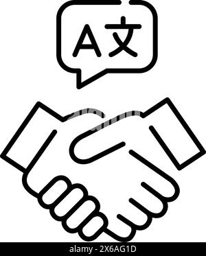 Handshake and speech bubble with languages symbols. Global communication and language exchange. Pixel perfect, editable stroke vector icon Stock Vector