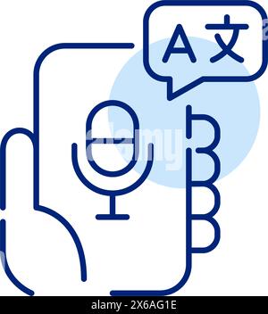 Hand holding smartphone with microphone and languages speech bubble. Translation app, voice recognition. Pixel perfect, editable stroke vector icon Stock Vector