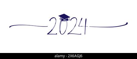 Educational sign 2024 with decorative line and academic hat. Certificate element. Graduating horizontal banner. Isolated handdrawn style symbol. Text Stock Vector