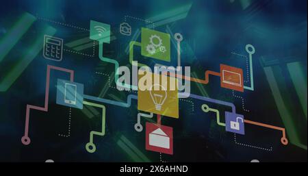 Image of network of digital icons against neon tunnel in seamless pattern Stock Photo