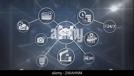 Image of multiple icons in circles connected with lines moving in tunnel Stock Photo