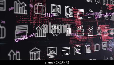 Image of multiple changing numbers and digital icons over data processing and light spot Stock Photo