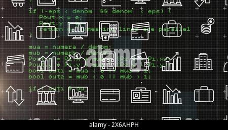 Image of multiple digital icons moving over data processing against black background Stock Photo