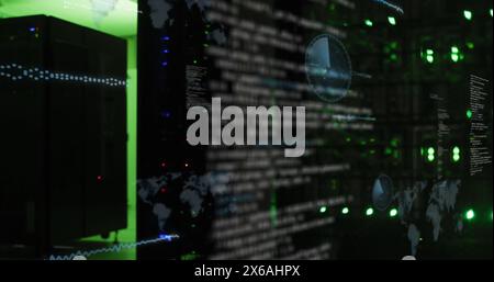 Image of screens with data processing against computer server room Stock Photo