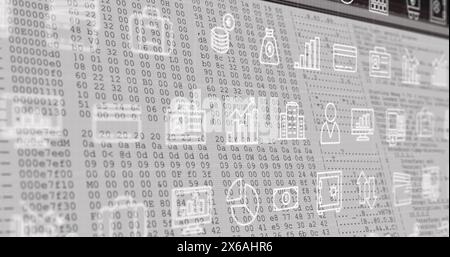 Image of multiple digital icons moving over data processing against white background Stock Photo