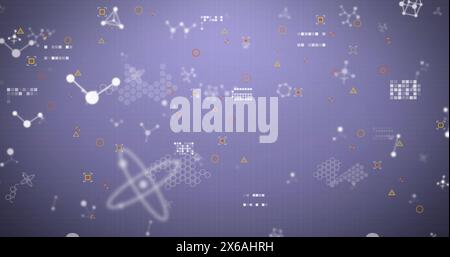 Image of financial data processing and molecules on grey background Stock Photo